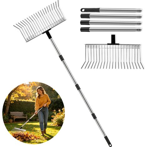 Râteau de jardin réglable 53-160 cm - 21 dents - Tête en métal - 40 cm de large - Râteau de jardin pour desserrer le sol et niveler la pelouse, le balai à feuilles, le râteau à foin (1/5)