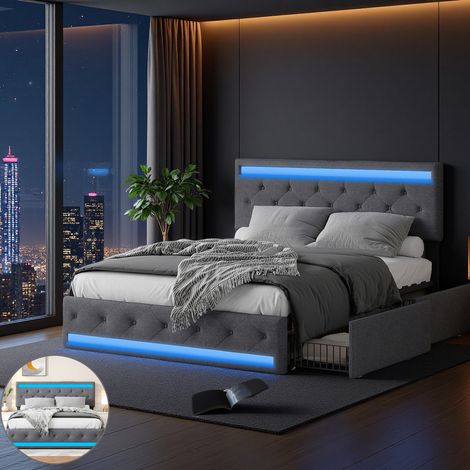 Lit 140 x 200 cm avec sommier à lattes, Lit double avec LED et USB Tpye C, Lit coffre avec tête de lit rembourrée réglable de rangement, 4 tiroirs, Tissu en lin, Gris (1/5)