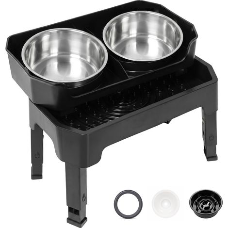 Skylos Raised Dog Bowl 4-Height Adjustable Feeding Station Full Set 1600ml Black (1/5)
