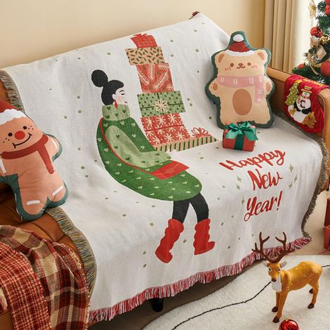 Weihnachtsdecken, gewebte Baumwoll-Tagesdecken mit Quasten, weihnachtlicher Jacquard-Wandteppich, warme Dekodecke, Sofadecke, 160 x 130 cm (1/5)