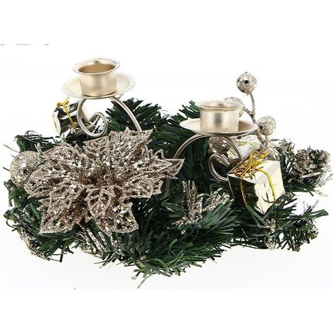 Centre de table Noël 2 supports bougie Ø15cm - Fleurs CHAMPAGNE - SILUMEN (1/3)