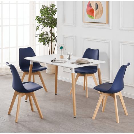 Ensemble de salle à manger Halo Lorenzo - une table à manger en bois blanc et un ensemble de 4 chaises de salle à manger en polypropylène bleu - Salle à manger Cuisine (1/5)