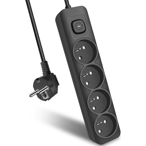 Multiprise Noire 4 Prises, Prise Multiple avec Interrupteur, Rallonge Electrique 3m 3G1,5 mm², 16A 250V, Multiprise 3m avec Sécurité Enfant (1/5)