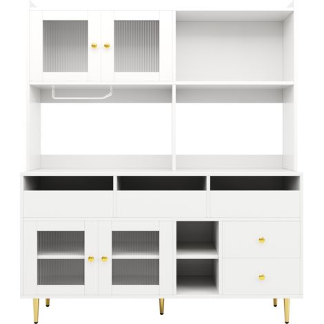 Buffet moderne minimaliste en MDF blanc avec portes en verre Chambray, portes-bouteilles intégrés et rangements multiples 145x39x171 cm (1/5)