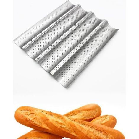 Plaque de Cuisson Moule à 4 Baguettes Anti-Adhésif de Cuisson Pain Plaque à Pain Argent