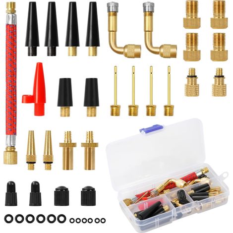 Embout Pompe Velo 40 Pièces, DV AV SV Adaptateur de Valve de Vélo avec Boîte de Rangement, Embout Gonfleur Ballon, Adaptateur Pompe Velo avec Tuyau de Gonflage, pour Pompe à Vélo/Compresseurs Pompes (1/4)