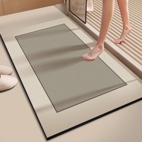 Tapis de Bain Absorbant, Antidérapant, Lavable, 40 x 60 cm, pour Salle de Bain, Cuisine, Rectangulaire, Bordure Écru, Centre Gris (1/5)