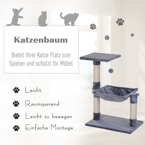 Tour pour chat 70 cm, petit arbre à chat avec balle en peluche, poteau sisal, plateforme spacieuse, hamac, griffoir, idéal pour chaton, gris (1/4)