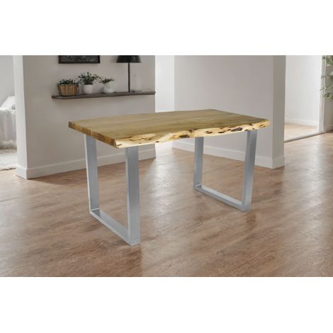 Esstisch Baumkante Akazie massiv eichenfarben 140 x 80 U-Gestell silber CALI (1/5)