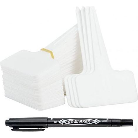 Lot de 100 étiquettes de jardin en plastique type T, marqueurs pour plantes avec stylo étanche, étiquettes réutilisables pour potager, fleurs et accessoires de plantation, couleur blanche (1/5)