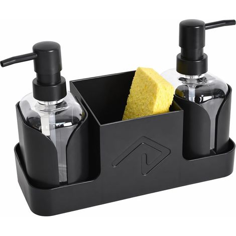 Distributeur de Liquide Vaisselle Compact, Organisateur D'évier en ABS, Ensemble de Distributeurs de Savon et de Liquide Vaisselle Rechargeables, Organisateur pour Évier et Plan de Travail (Noir) (1/5)