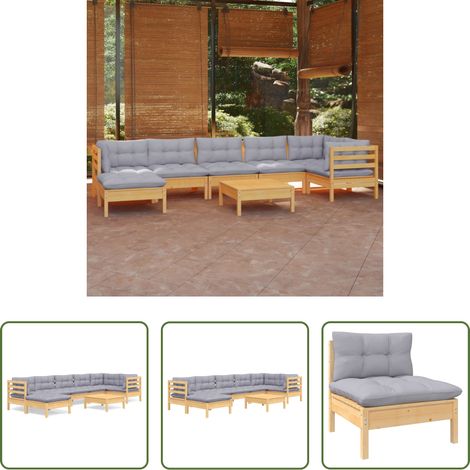 Terrassensofa -  8-tlg. Garten-Lounge-Set mit Grauen Kissen Kiefer Massivholz (1/5)