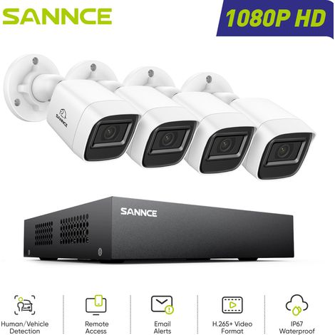 SANNCE 1080P Kit de Videovigilancia Exterior,4 Cámaras Bullet Detección Movimiento Visión Nocturna Sistema Cámara de Seguridad (1/5)