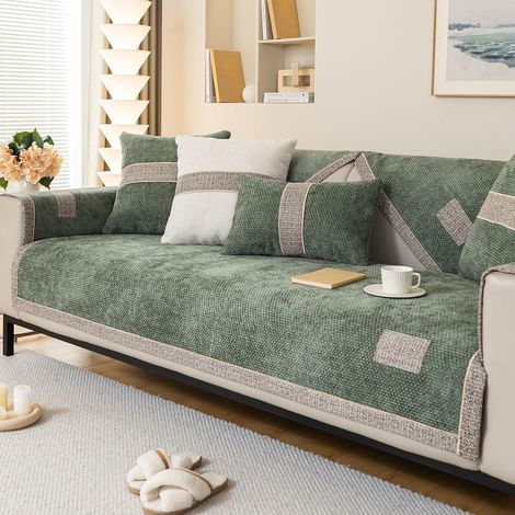 JSSEVN - Non-slip sofa cover, chenille fabric protector for corner/L-shaped sofas, 1, 2, or 3 seater sofa cushion covers (70x150cm, dark green) (1/5)