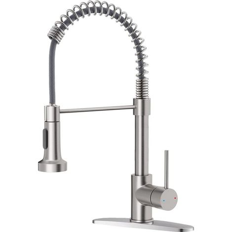 Robinet de cuisine à poignée unique avec douchette industrielle en laiton massif nickel brossé. Robinet pour évier de ferme, camping-car, buanderie, véhicule utilitaire ou bar. (1/4)