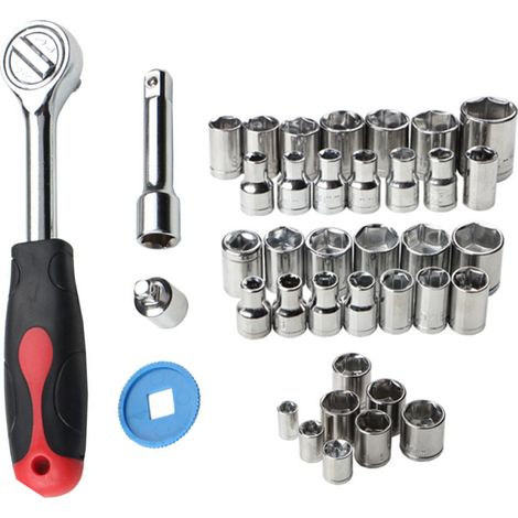 Set di 40 chiavi a bussola metriche con cricchetto da 3/8", contenitore in plastica incluso (per auto, moto, garage)