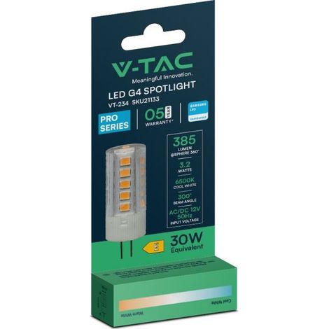 V-TAC Faretto LED Chip Samsung Attacco G4 3.2W a Capsula Bianco Freddo (1/5)