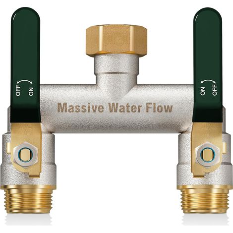 3voies Distributeur d'eau à double débit, distributeur 3/4 pouce, construction robuste en laiton nickelé, adaptateur de robinet extérieur haut poignée métallique allongée-poignée verte - 2 (1/5)