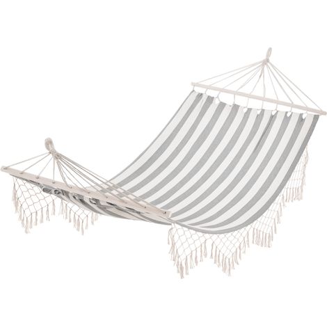 Amaca da viaggio portatile, stile hippie chic. Dimensioni del tessuto: 2L x 1W m. Cotone e poliestere, a righe grigio-ecru.