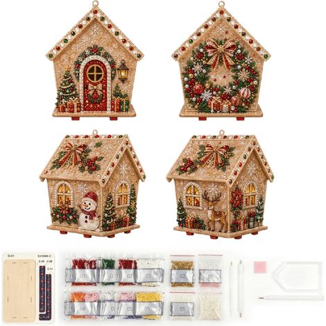 Kit de décoration de maison en pain d'épice en bois 3D à monter soi-même Irovami avec fausses perles – Modèle de couronne de Noël (1/5)