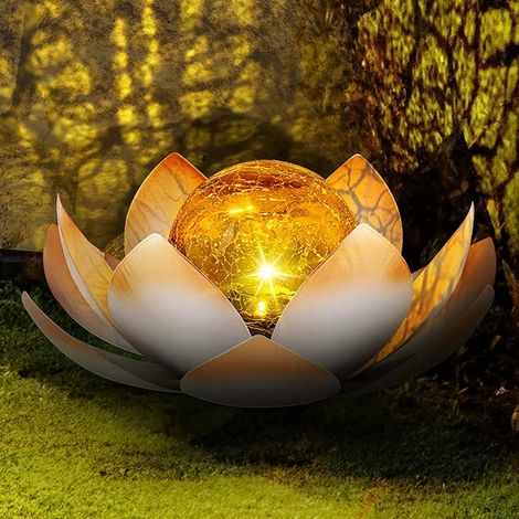Lampe solaire de jardin extérieure, globe en verre craquelé ambré en forme de lotus, guirlande lumineuse LED étanche en métal gris pour terrasse, pelouse, allée, table, sol, orange (1/5)