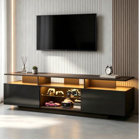 Mobile TV 160 x 40 x 45 cm con LED, 2 ante, 8 vani, MDF e vetro temperato, nero DESVIAE (1/5)