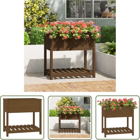 The Living Store Jardinière avec étagère Marron miel 82,5x54x81 cm Bois de pin - Jardinier - Jardinière Bois - Pot De Fleurs Extérieur - Plante - Décoration Intérieur (1/5)