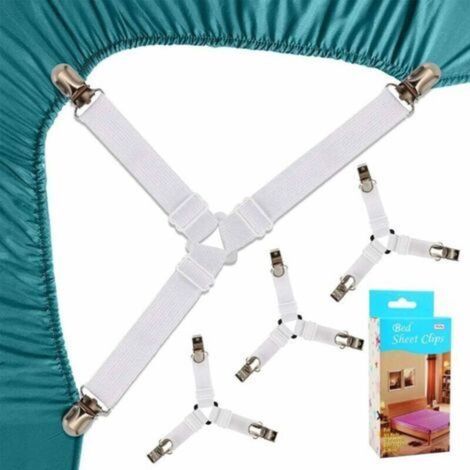 4-Piece Bed Sheet Straps – Adjustable Elastic Fasteners – Triangular Shape for Optimal Hold – Width 25mm, Length 20-50cm – White (1/5)