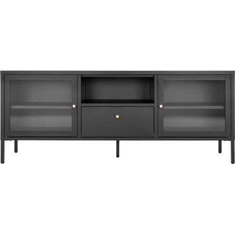 CITY- Banc TV 2 portes vitrées, 1 tiroir en métal noir 150x60 cm (1/4)