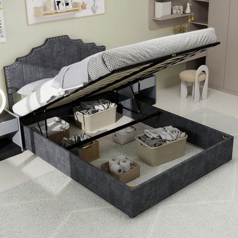 Letto 160x200 cm - letto contenitore 160x200 - con testiera - moderno minimalista - materasso non incluso - in tessuto grigio