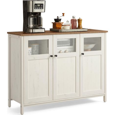 Meuble de Rangement, Buffet, avec Placard 3 Portes, pour Salle à Manger, Salon, Cuisine, Entrée, Cadre en Acier, Style Industriel, Marron Miel et Blanc Rustique LSC099WJ02 (1/5)