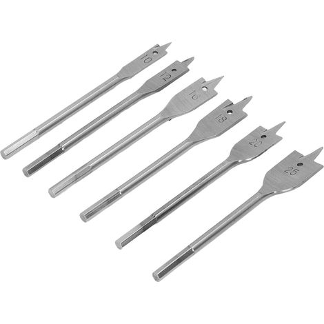 Ensemble de 6 forets à bois plats en acier à haute teneur en carbone, 3 arêtes de coupe, queue hexagonale, couleur argent. (1/5)