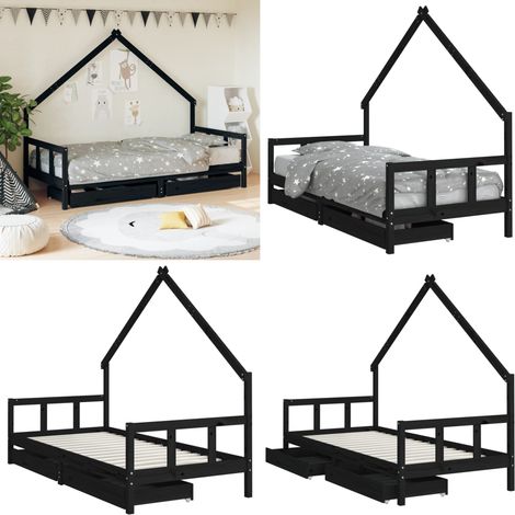 Estructura de cama niños con cajones madera pino negro 90x200cm - Cama de madera - Cama de pino