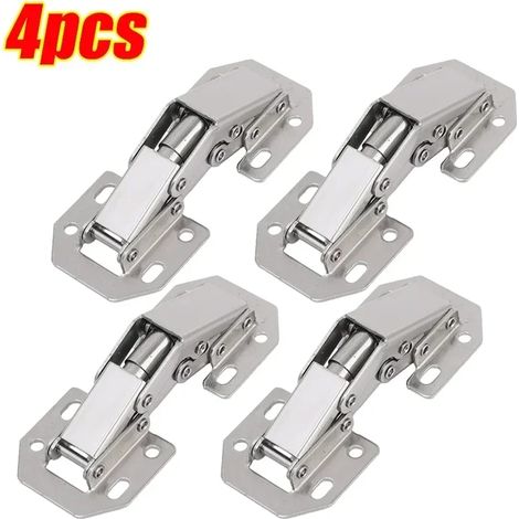 (4 pièces) Charnières de porte de placard en acier inoxydable à 90 degrés, sans perçage, avec butée intégrée. Kits de quincaillerie pour meubles et armoires. (1/5)