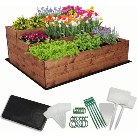 MODO24 Carré potager surélevé en bois, 3 niveaux en cascade, 45x117x93 cm, jardin/terrasse, kit jardinier inclus, brun imprégné