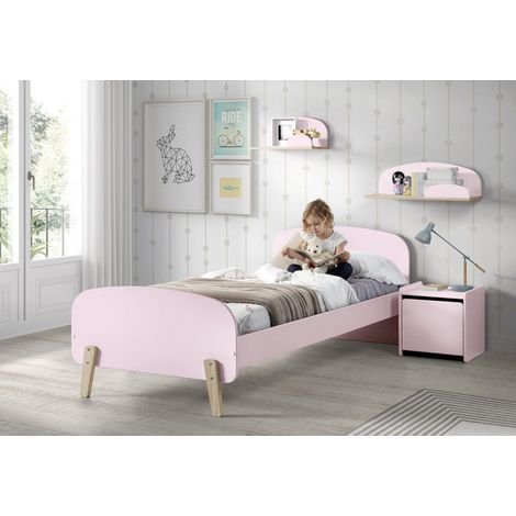 Pack - Lit Enfant, Chevet & 2 Étagères "Kiddy" 90x200cm Rose (1/5)