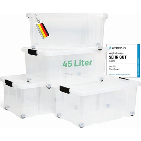 Novaliv 4x boîtes de rangement avec couvercle, grand 45L, transparent, emboîtable, empilable avec fermeture à clip, boîtes à roulettes, plastique