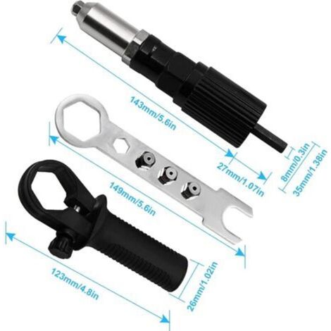 Adaptateur de pistolet à riveter électrique Outil d'écrou d'insertion de riveteuse avec tête de rivet de diamètre 2.4/3.2/4.0/4.8mm et clé à poignée (1/4)