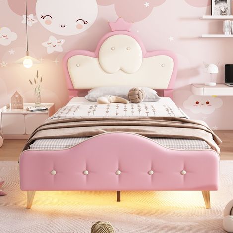 Kinder Polsterbett 90 x 200 cm mit Krone, LED-Lichtstreifen, weiche Schutzkanten, Metallfüße, Einzelbett aus PU