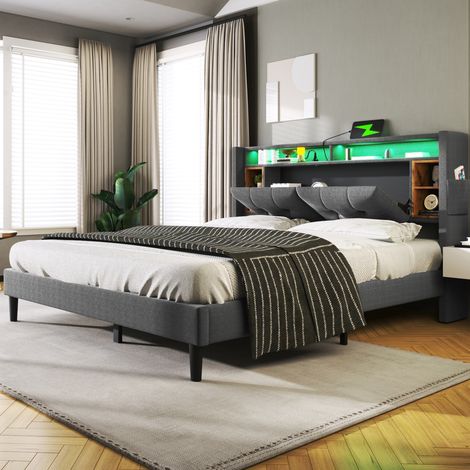 Letto matrimoniale 160x200 cm con testiera contenitore, prese, USB e LED, rivestimento in lino, grigio, senza materasso (1/5)