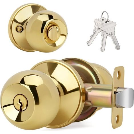 Bouton de porte en forme de boule avec clés et serrure, poignée de porte d'entrée à clé ronde pour portes d'entrée/d'entrée, finition laiton poli (1/5)