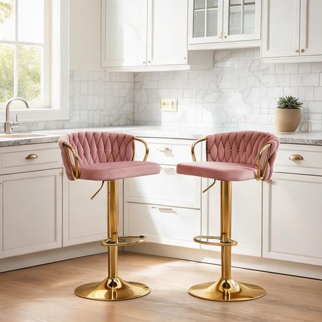 Tabouret de bar en velours rose avec piètement métallique (1/5)