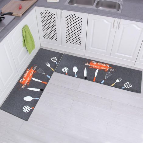 Küchenmatten-Set, 2 Stück, rutschfeste Fußmatte mit Gummirückseite, Küchenutensilien-Design (Grau, 38,1 x 119,4 cm + 38,1 x 58,4 cm)