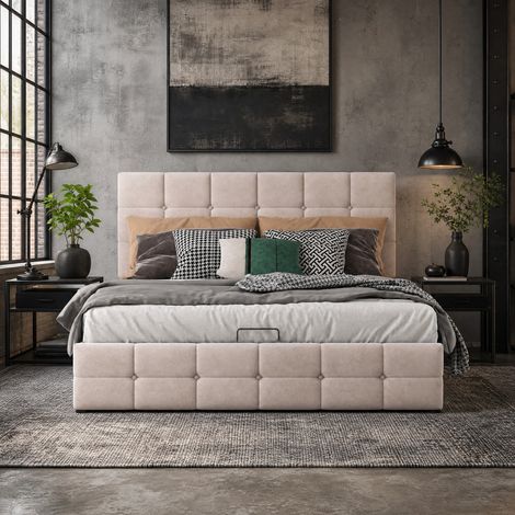 Cama doble 140x200 cm con arcón hidráulico, crema, madera y metal, sin colchón FloraGrace (1/5)