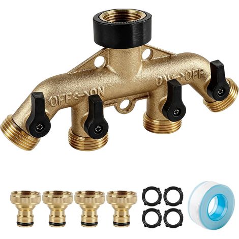 Robinet 4 Voies Exterieur Jardin en Laiton G3/4" avec Adaptateur 1/2", Robinet Machine à Laver, Vanne Indépendante par Sortie, Poignée Interrupteur, pour Tuyau d'Arrosage, Lave Linge (1/5)
