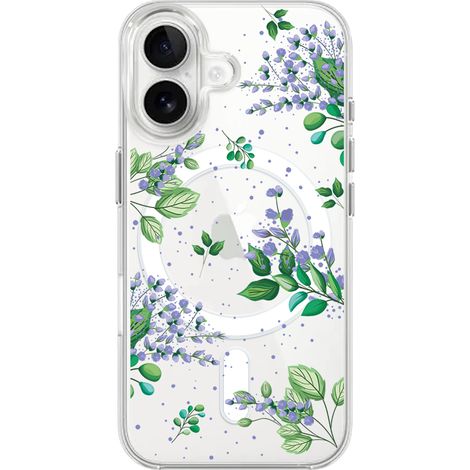 Custodia per iPhone 16 Plus con MagSafe, trasparente, flessibile in silicone, fiori viola (1/5)