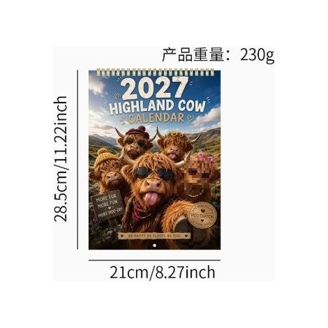 2027 Funny Highland Cow Wall Calendar - Cute Highland Cow 2027 Calendar - 5 Cows