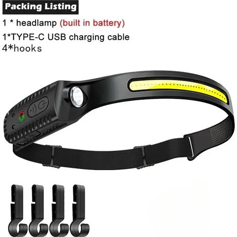 Lampe frontale rechargeable avec indicateur LED (1200 mAh avec crochets), batterie intégrée de 1200 mAh, idéale pour le camping, la pêche et les activités de plein air. (1/5)