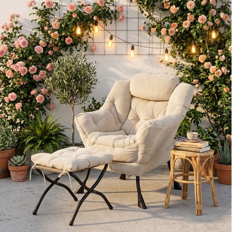 Fauteuil relax avec repose-pieds beige en tissu et métal avec accoudoirs, poche latérale et coussin de tête (1/5)
