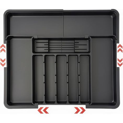 Bandeja para cubiertos extensible para cajón de cocina con 2 bloques de cuchillos extraíbles y 9 compartimentos, organizador ajustable, color negro.